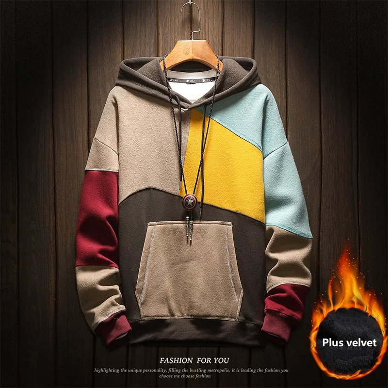 Top Trends: Couples Style Stitching Contrast Thick Hoodie Autumn And Winter Mens Fashion Plus Velvet Harajuku Hoodie Plus Size Clothes Shoppable Styles