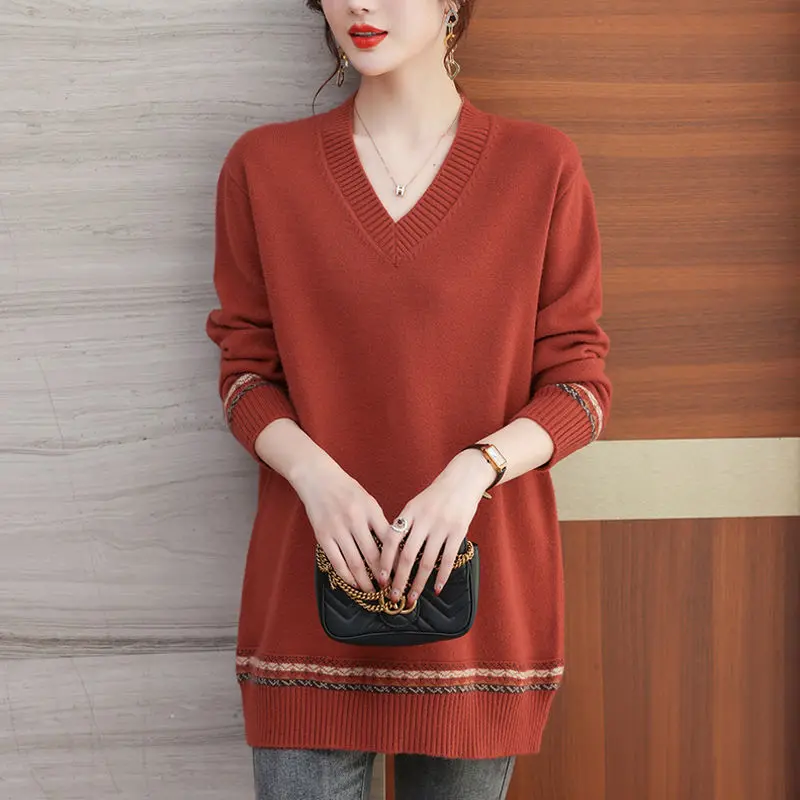 Top Trends: 2023 New Autumn And Winter Minimalist Color Matching Threaded V-neck Loose Casual Versatile Thin And Stylish Base Knit Sweater Shoppable Styles