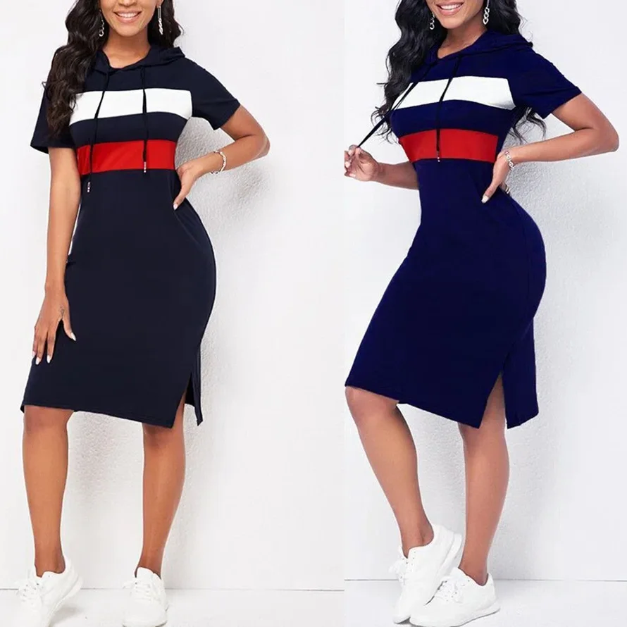 Top Trends: Casual Dresses For Women Comfortable Sports Hooded T-Shirt Medium Women Dress Color Matching Stripe Women's Hooded Dress T-shirt Shoppable Styles