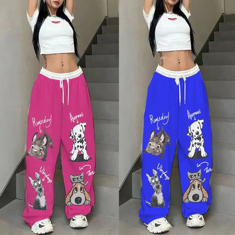 Top Trends: Hip Hop Street Puppy Pattern Splicing Color Collision Sports Casual Pants High Waist Loose Straight Leg Wide Jazz Dance Pants Shoppable Styles