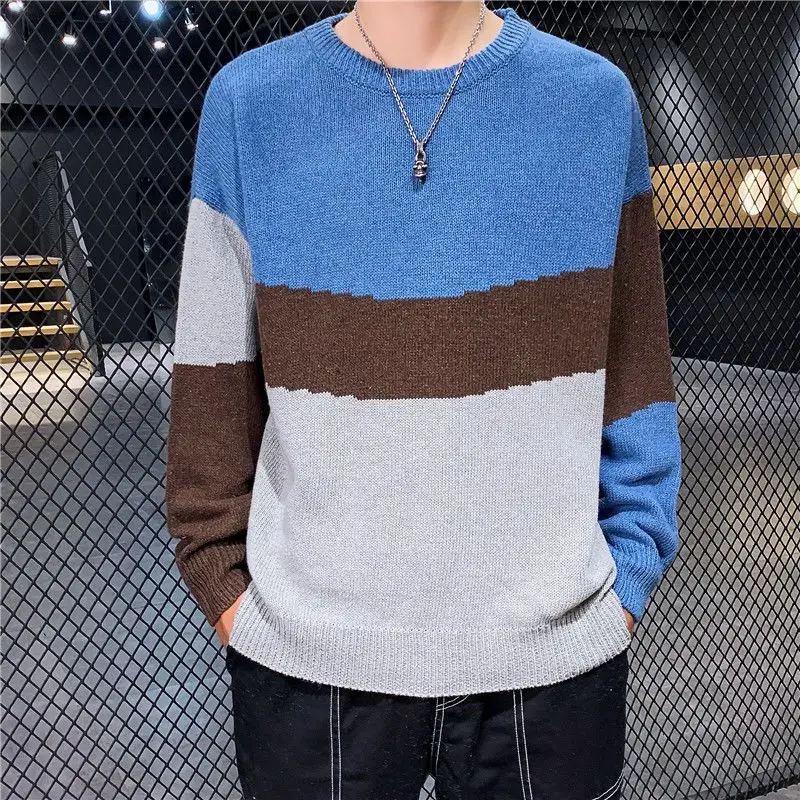 Top Trends: Fashion O-Neck Knitted Spliced Korean Color Sweater Men&#039;s Clothing 2022 Autumn New Casual Pullovers All-match Warm Tops Shoppable Styles