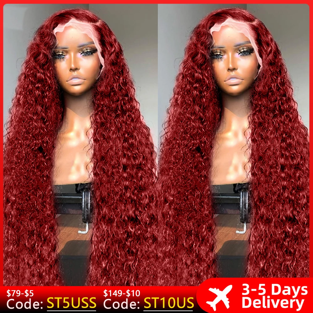 Top Trends: 99j Burgundy 13x4 Lace Frontal Wig Brazilian Preplucked Red Color Curly Water Deep Wave Frontal Wig 13x6 Hd Lace Human Hair Wigs Shoppable Styles