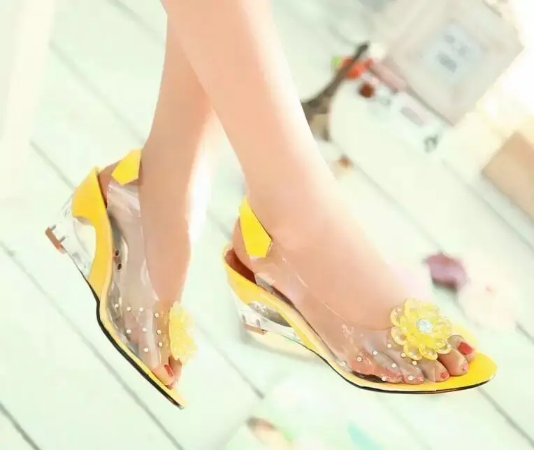 Top Trends: Large Size Female Sandals Summer New Rhinestone Wedge Heel Sweet Flowers Transparent Waterproof Leisure Women's Jelly Shoes Shoppable Styles - Image 5