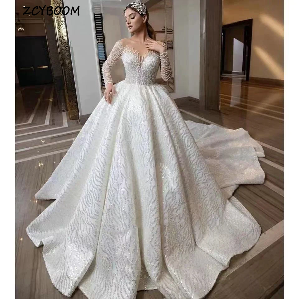 Top Trends: Luxury White O-Neck Sequin Full Sleeves Wedding Dress 2023 Ball Gown Floor Length Sweep Train Lace Up Custom Made Bridal Gown Shoppable Styles