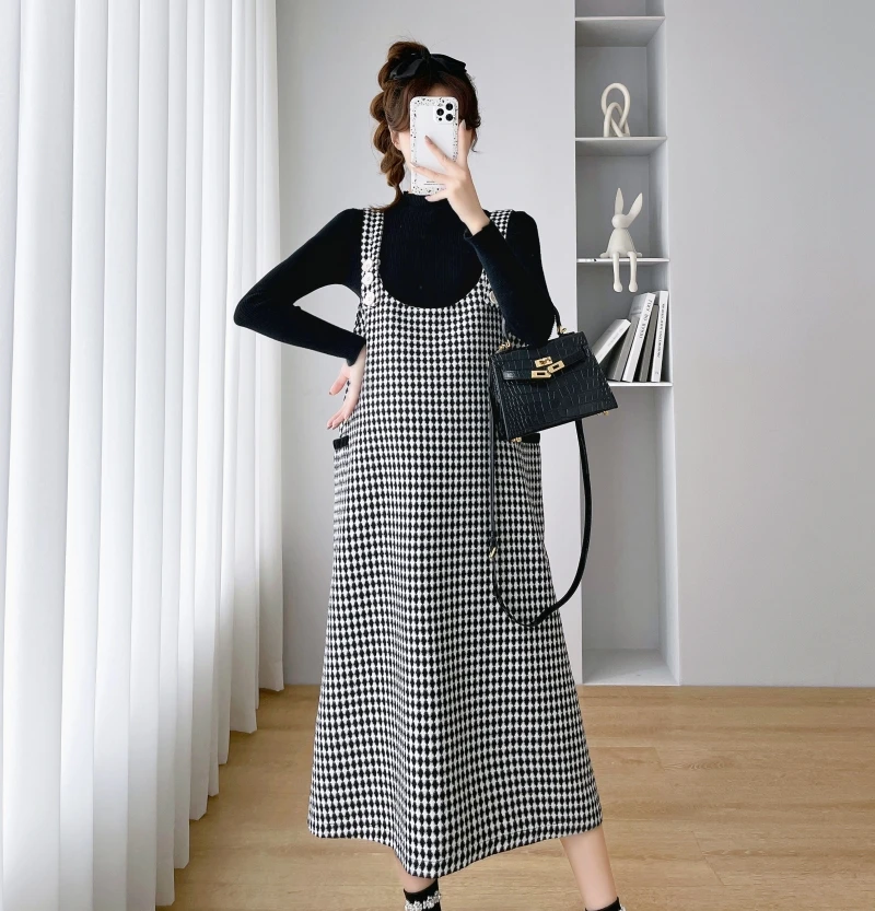 Top Trends: A807 # 2pcs Sets Autumn Winter Fashion Plaid Maternity Vest Dress Knit Sweaters Shirts Sets Clothes For Pregnant Women Pregnancy Shoppable Styles