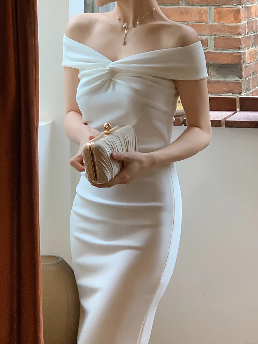 Top Trends: 2023 French Elegant Women Wedding Party Dress Fashion Vintage Slash Neck Sheath Robe Female Sundress Retro Evening Dress Vestido Shoppable Styles