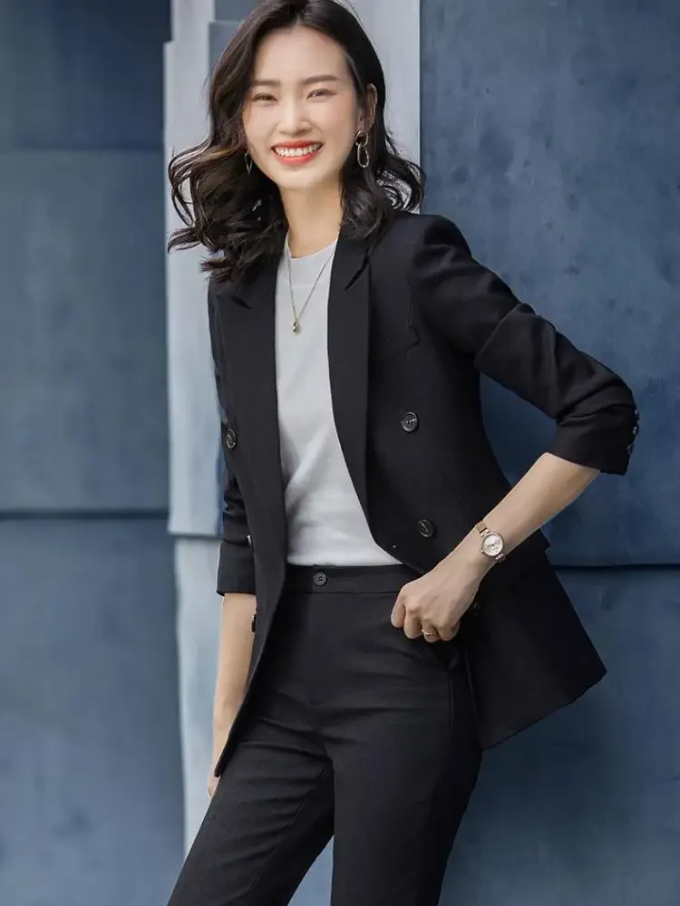 Top Trends: Korea Fashion Career Suit Women 2023 New Green Office Ladies Long Sleeve Double Breasted Suit Top And Slim High Waisted Pants Shoppable Styles