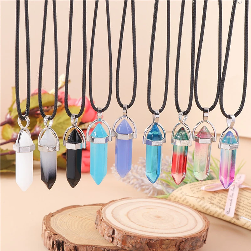 Top Trends: Natural Stone Quartz Lapis Opal Amethyst Pink Crystal Stone Hexagonal Column Pendant Necklaces Leather Chain Bullet Necklace Shoppable Styles