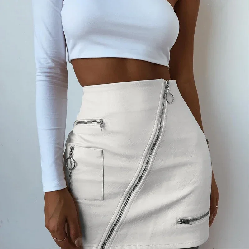 Top Trends: Women Stylish PU Leather White Zipper Patchwork Skirt High Waist Skirt Korean Solid Color Short Sexy Bodycon Skirts Mini Bottom Shoppable Styles