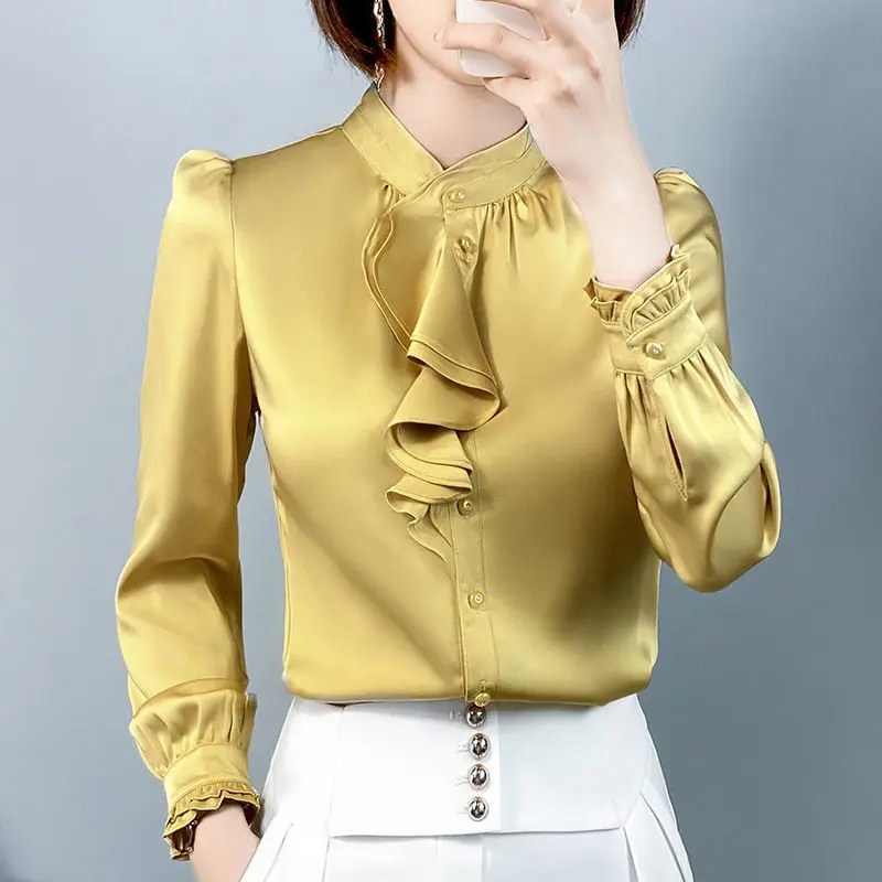 Top Trends: Elegant Princess Sleeve Satin Button Ruffles Shirt 2022 Autumn New Loose Women's Clothing Solid Color Office Lady Blouses Shoppable Styles