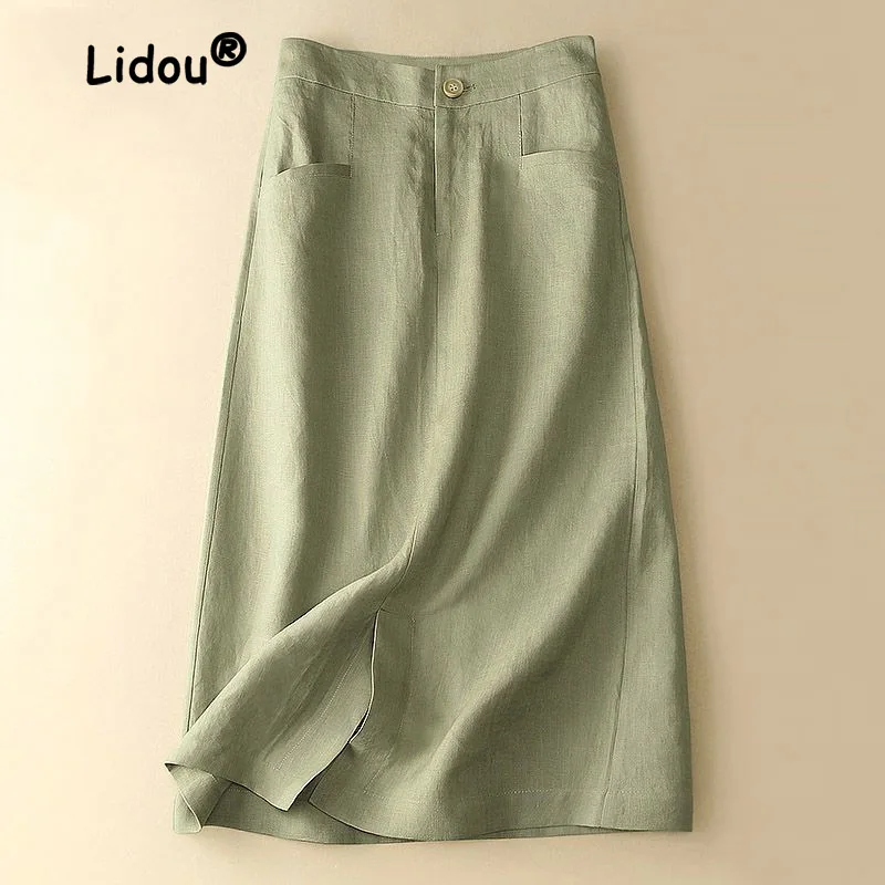 Top Trends: Classic Double Pockets Personality Design Women's 2023 New Linen A-line Skirt Art Retro All-match Cotton Linen Lady Skirt Shoppable Styles