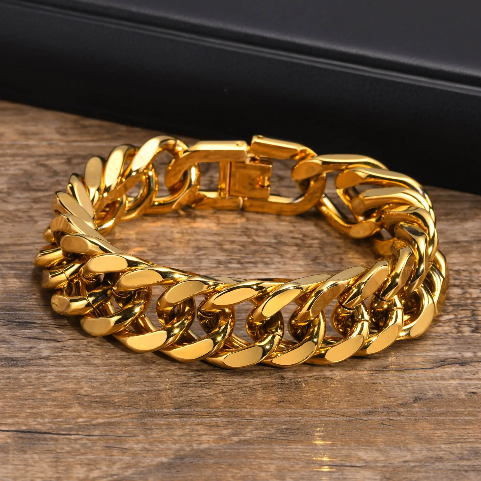 Top Trends: Men Gold Color Cuban Chain Bracelet, 8 / 10 / 12 / 15mm Wide Waterproof Stainless Steel Link Wristband Gift Jewelry, 19cm / 21.5cm Shoppable Styles