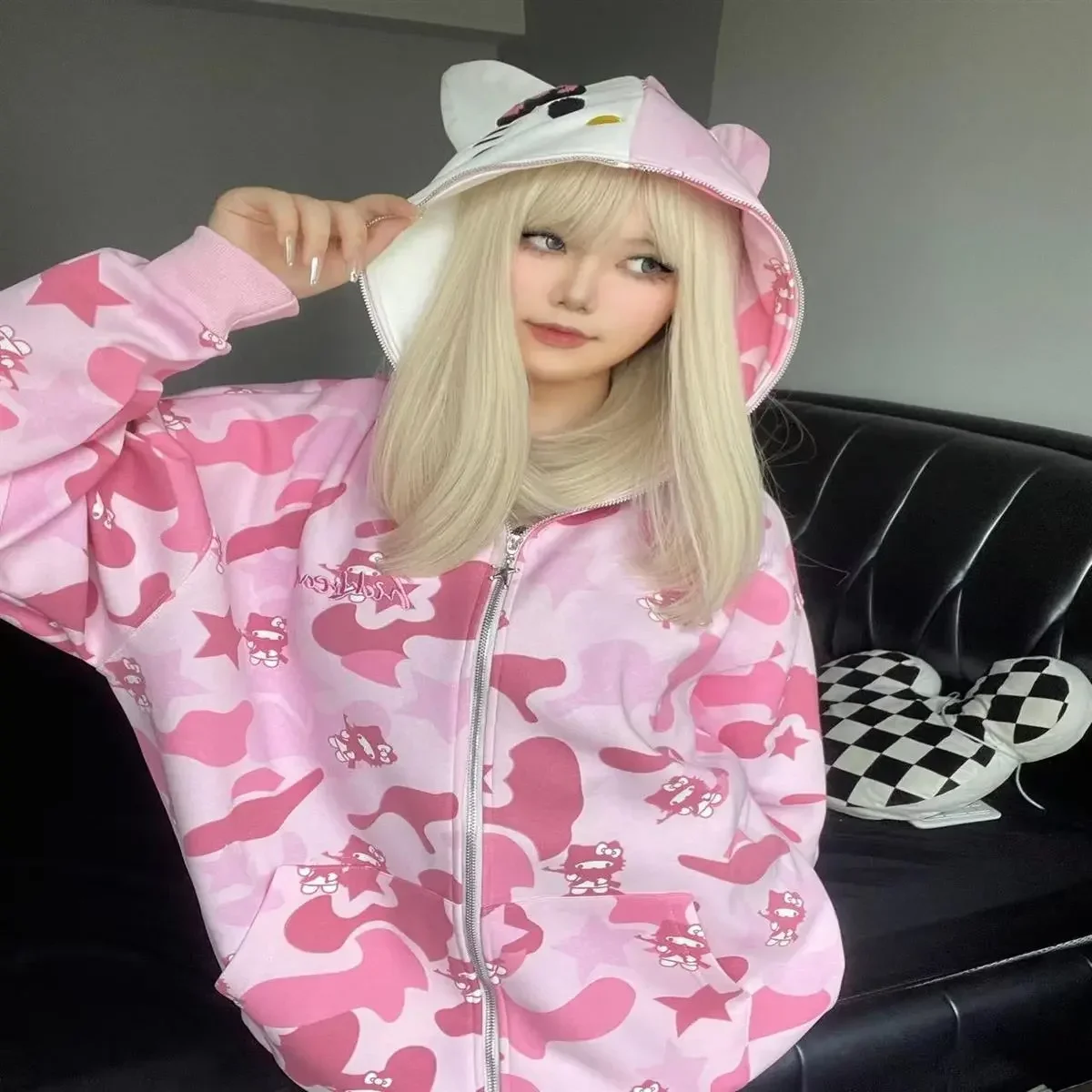 Top Trends: Japanese Y2k Clothing Versatile Hoodies Patchwork Hoodie Full Zip Kawaii Clothes Couple Harajuku Cat Ears Decoration Camouflage Shoppable Styles