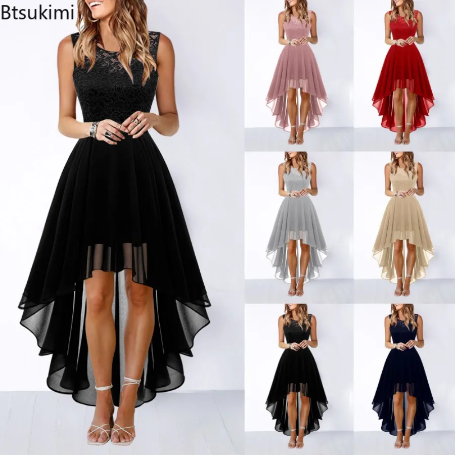 Top Trends: 2024 Women&#039;s Solid Lace Dress Bowknot Elegant Irregular Length Dress Sleeveless Chiffon Bridesmaid Cocktail Party Dress Female Shoppable Styles