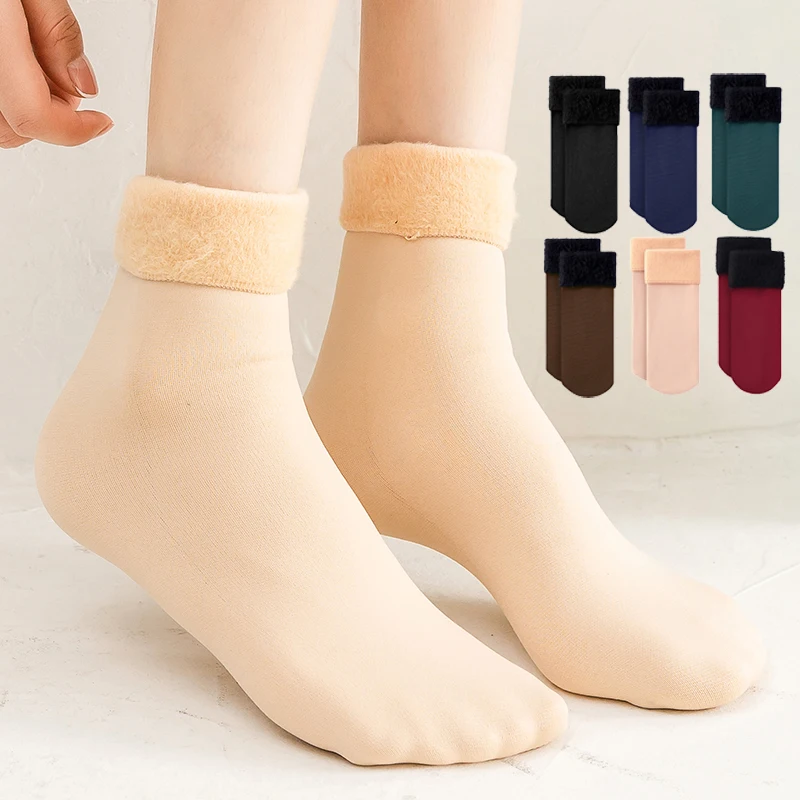 Top Trends: 6 Pairs / Lot Winter Warm Solid Women Socks Thicken Thermal Sock Wool Cashmere Black Skin Seamless Snow Sock Velvet Unisex Sox Shoppable Styles