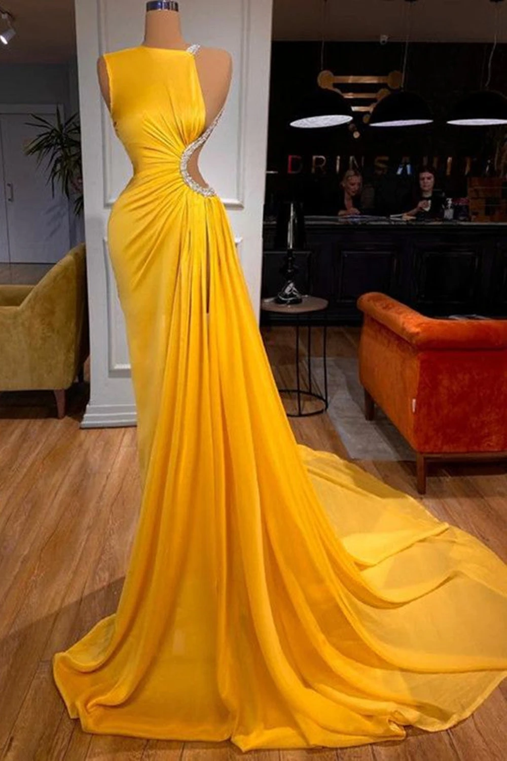 Top Trends: Yellow Sexy Prom Dress Party Formal Wear Gowns Long Sweep Train Sleeveless Backless Special Design Custom Made Vestidos De Gala Shoppable Styles