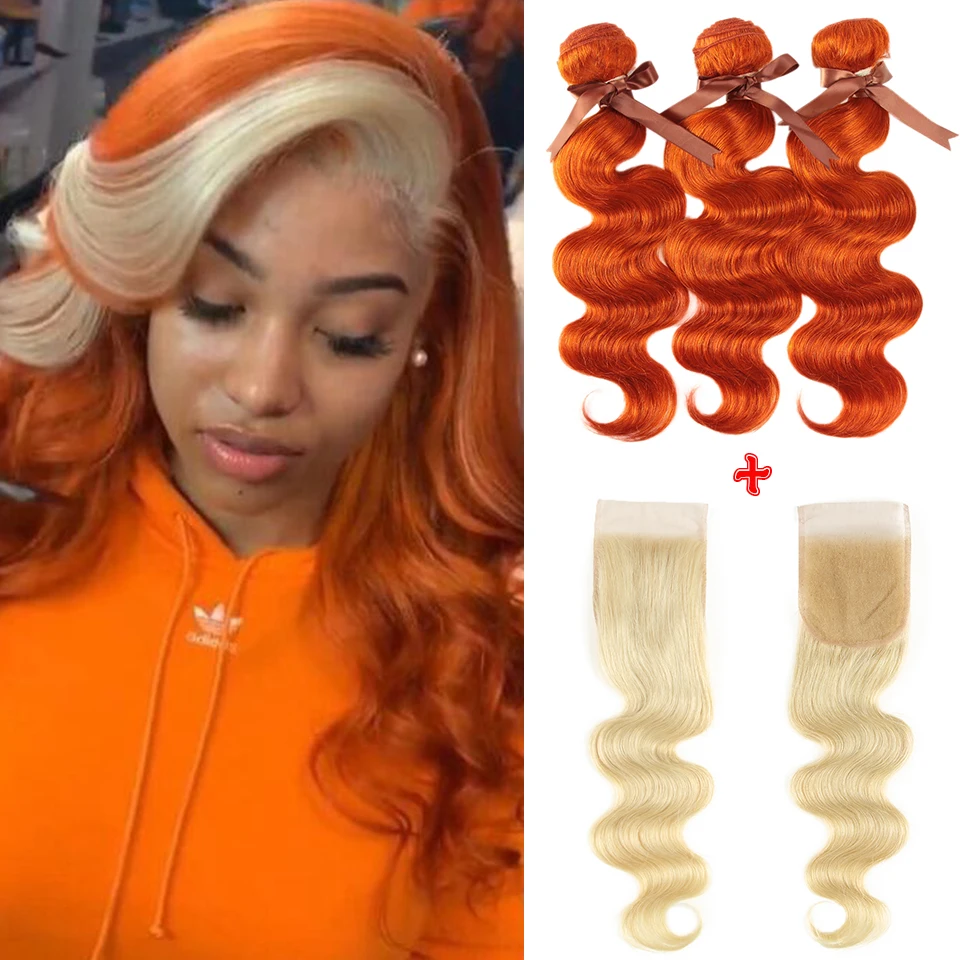 Top Trends: Orange Human Hair Bundles With 613 Blonde Closure Colored Body Wave Bundles With Closure 4X4 Free Part Lace Closure Shoppable Styles