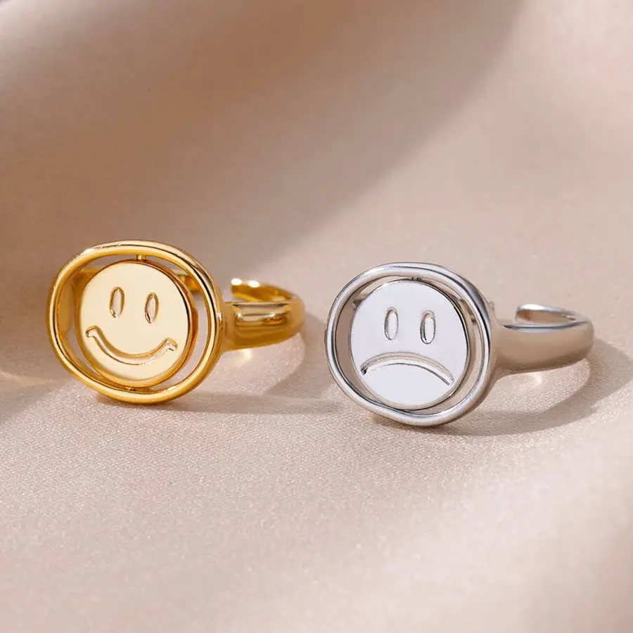 Top Trends: Smile Face Fidget Spinner Rings For Women Gold Color Stainless Steel Anti Stress Anxiety Mood Ring Jewelry Valentines Day Gift Shoppable Styles - Image 4