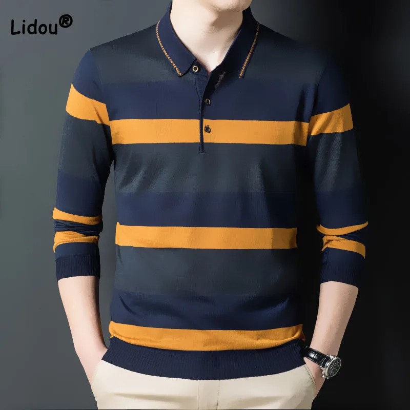 Top Trends: Trend Men's Contrast Color Striped Shirt Casual Autumn Winter Business Office Casual Long Sleeve Polo-Neck Shirt Male Clothes Shoppable Styles