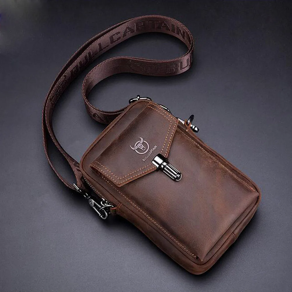 Top Trends: BULLCAPTAIN Men&#039;s Belt Waist Bags Crazy Horse Leather 7-inch Mobile Phone Bag Bag Male Shoulder Messenger Pouch Bages Shoppable Styles