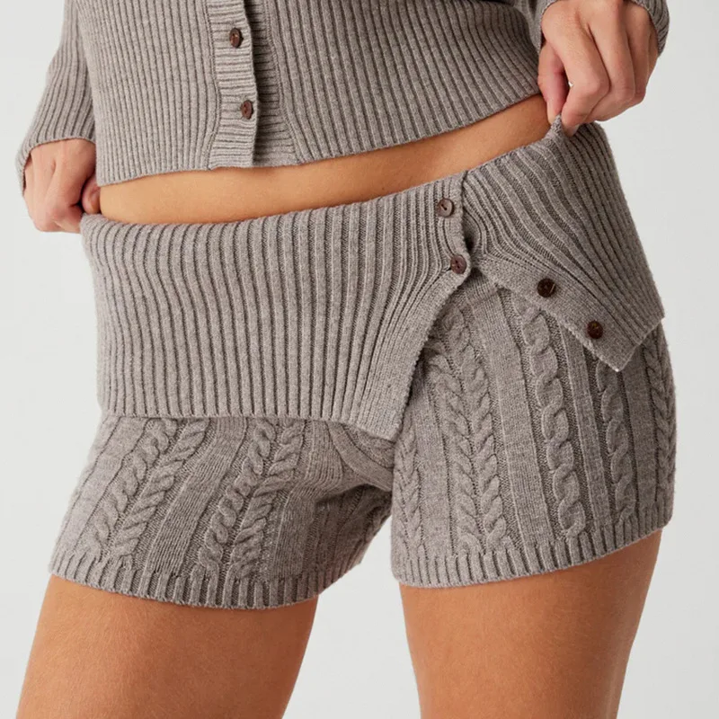 Top Trends: Casual Cuffed Knitted Shorts Vintage Fashion Mid Waist Short Pants Streetwear Chic Skinny Solid Button Bottoms Shoppable Styles