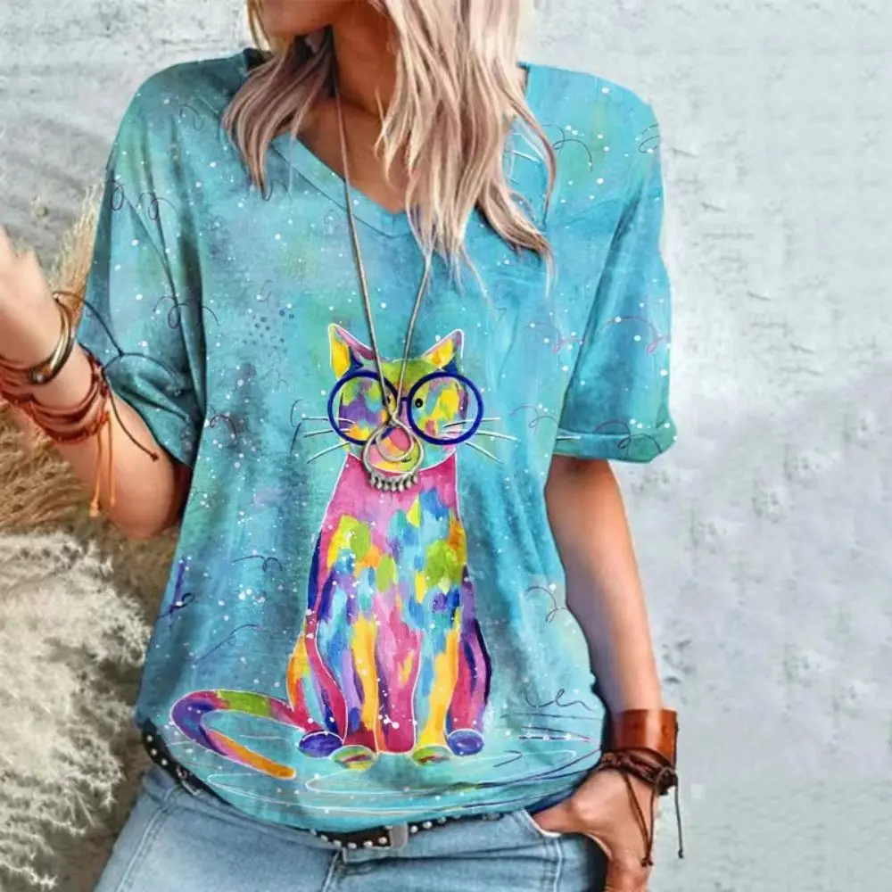 Top Trends: Women's T Shirt Painting Cat Print Clothing V-neck Short Sleeve Oversized Streetwear Daily Casual Basics Tops Tee Shirt Shoppable Styles - Image 5