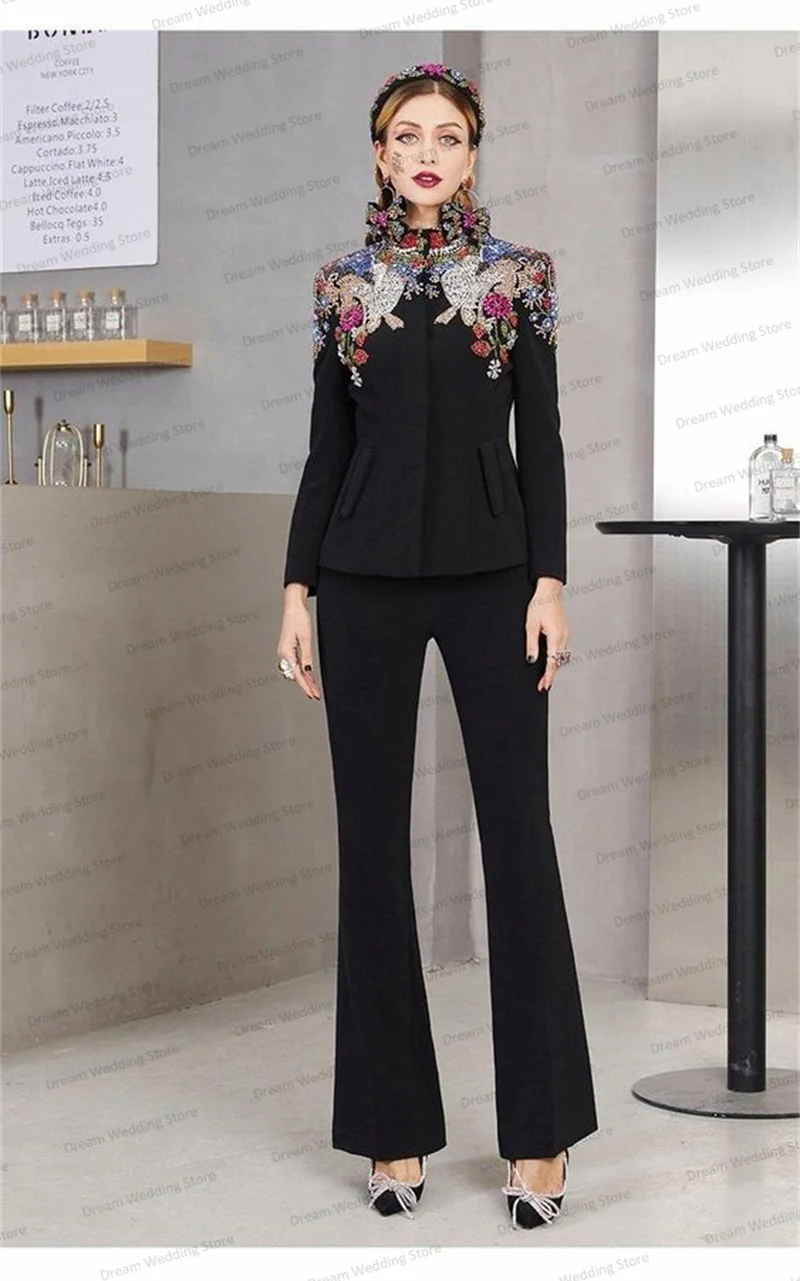 Top Trends: Luxury Appliqued Beads Women Suits Pants Set 2 Pcs High Neck Jacket+ Flare Trousers Custom Made Formal Prom Dress Wedding Tuxedos Shoppable Styles