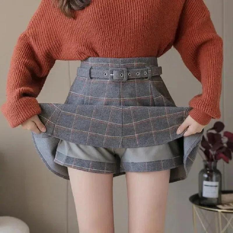 Top Trends: Korean Style Plaid Skirt Shorts A-line High Waisted Mini Skirts For Women Kawaii Autumn Winter Wool Short Skirts With Belt Shoppable Styles