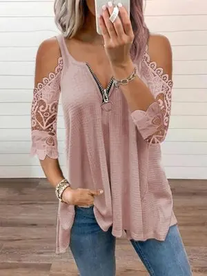 Top Trends: White Lace Patchwork Shirts Women Sexy Hollow Out Half Sleeve Blouse Female Elegant Fashion Casual Single Breasted Shirt Tops Shoppable Styles