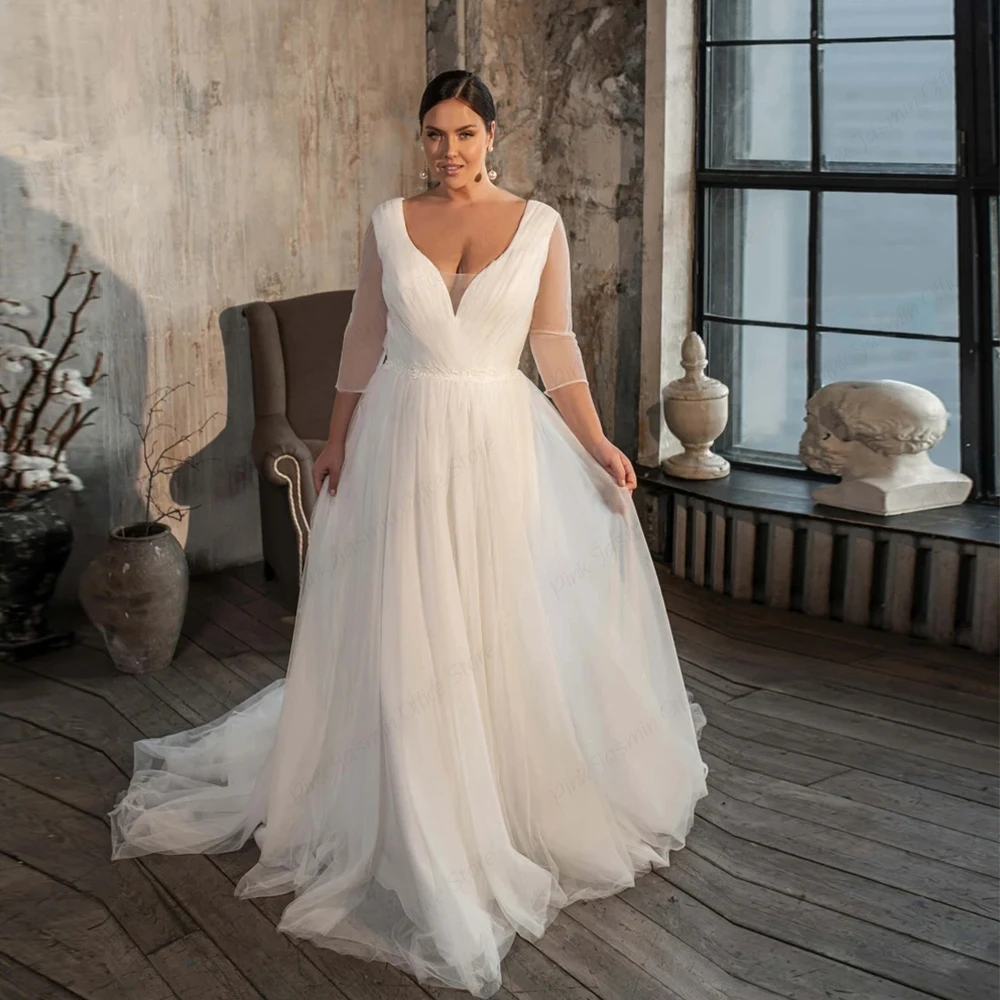 Top Trends: Strapless Plus Size Wedding Dresses Sweep Train Three Quarter Vestidos De Novia 2023 Soft Tulle Bridal Gowns Button Back Shoppable Styles