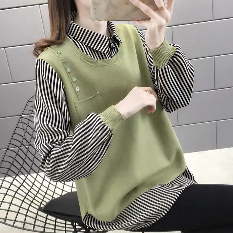 Top Trends: Stylish Lapel Spliced Pockets Fake Two Pieces Striped Blouse Women&#039;s Clothing 2022 Autumn New Loose Casual Pullovers Korean Shir Shoppable Styles