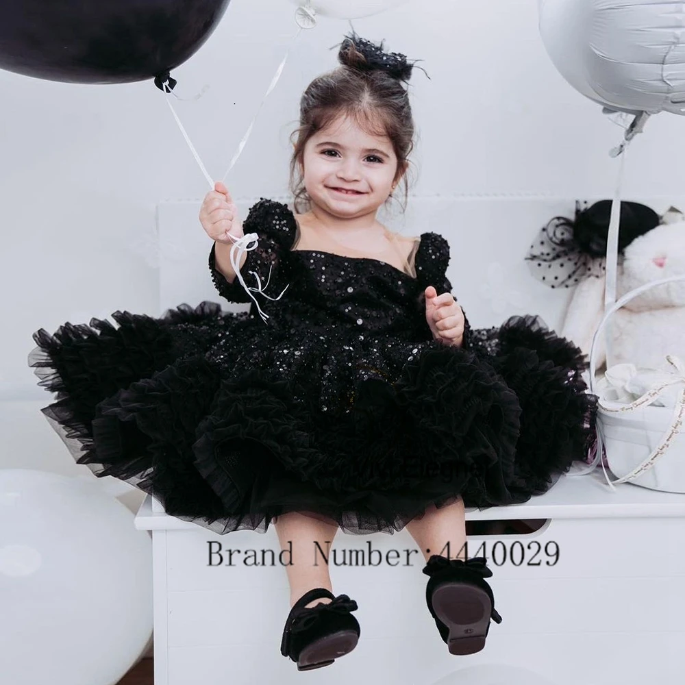 Top Trends: Charming Square Collar Black Flower Girl Dresses With Sequined Full Sleeve Sparkle Tiered Tutu Knee Length Wedding Party Gowns Shoppable Styles