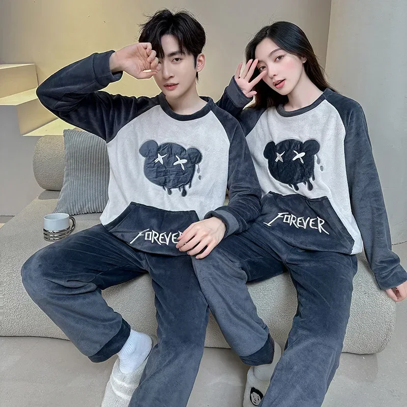 Top Trends: New Flannel Sleepwear Couple Autumn Winter Large Size Pajamas Men / Women Coral Velvet Thickened Warm Pyamas Home Clothes 2Pcs / Set Shoppable Styles