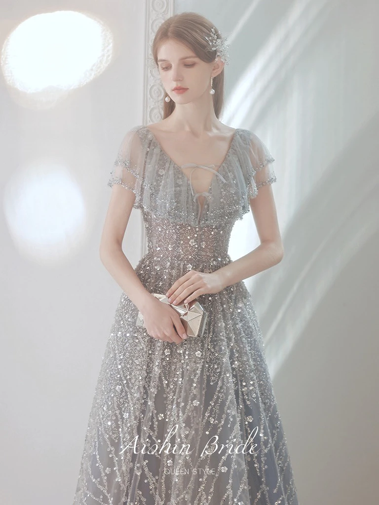 Top Trends: Luxury Gray Evening Dress Exquisite V-Neck Ruffle Flare Sleeve Tulle Beading Glitter Sequins Banquet Wedding Birthday Prom Gowns Shoppable Styles