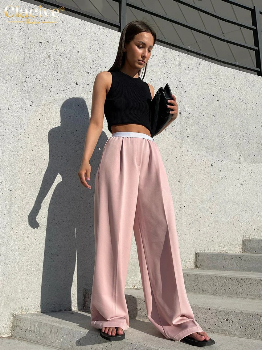 Top Trends: Clacive Fashion Loose Gray Pants For Women 2022 Casual Elastic Waist Wide Leg Trousers Lady Elegant Simple Office Woman Clothes Shoppable Styles