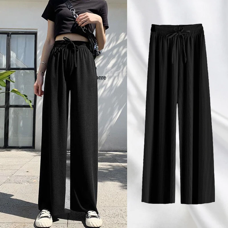 Top Trends: Women Pants 2023 New Spring Summer Ice Silk Wide Leg Pants High Waist Casual Female Slim Loose Straight Black Trousers Shoppable Styles