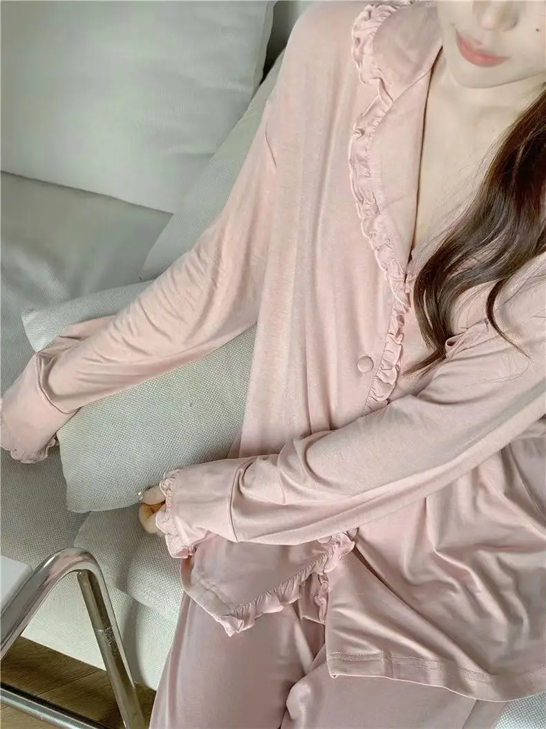 Top Trends: Simple Sweet Pajamas Flanged Casual Nightdress Women Spring Sleepwear Long Sleeve Lapel Home Wear Set Solid Color Loose Pyjamas Shoppable Styles - Image 6