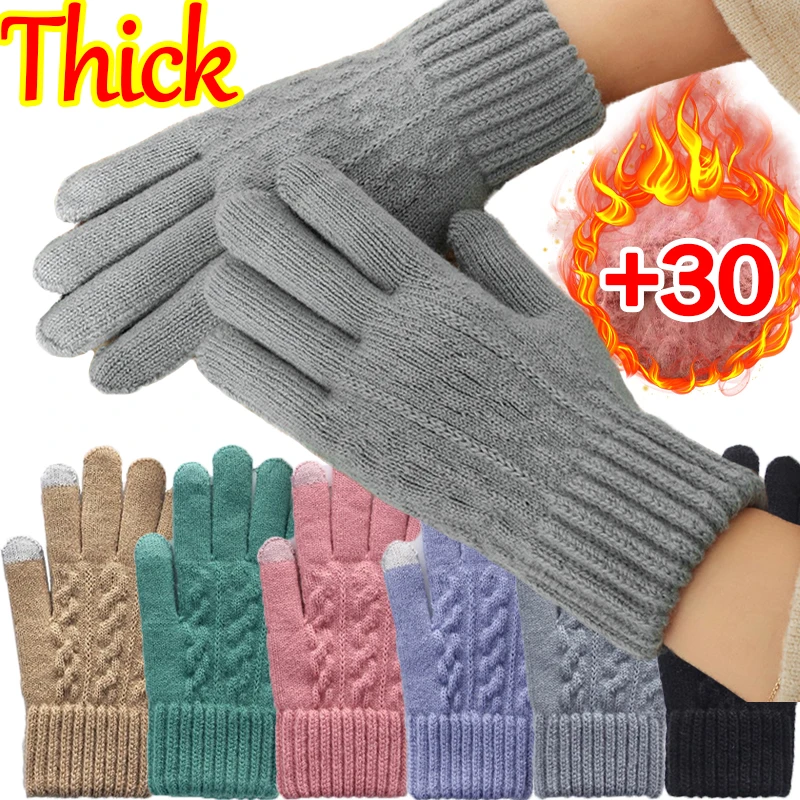 Top Trends: Colorful Knitted Full Finger Gloves Women Winter Warm Solid Woolen Mittens Velvet Thicken Cycling Driving Touchscreen Glove Shoppable Styles