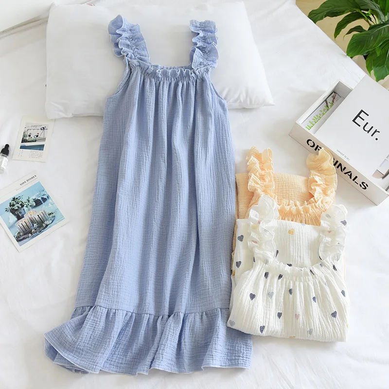 Top Trends: 2024 Summer New Style Nightdress Ladies 100% Cotton Crepe Thin Vest Suspender Skirt Loose Long Skirt Sweet And Cute Home Skirt Shoppable Styles