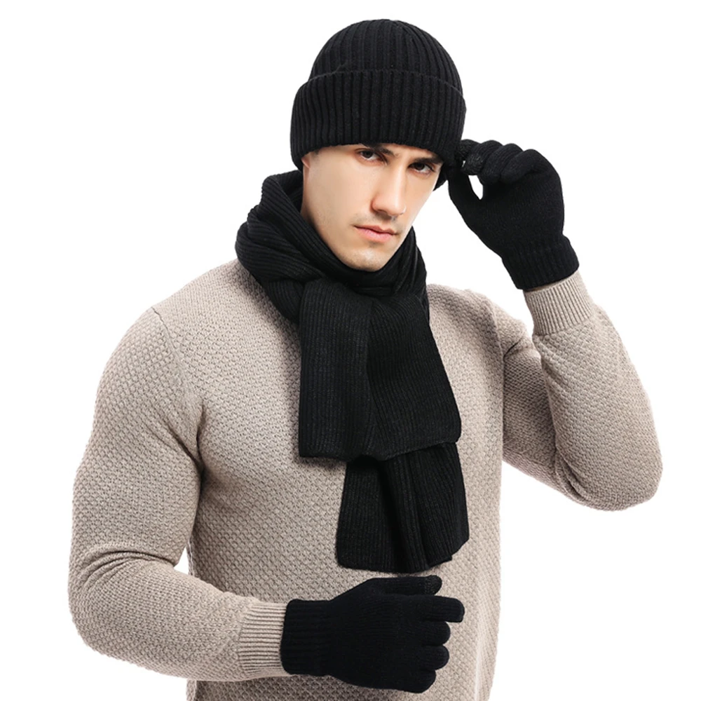 Top Trends: Men&#039;s Autumn Winter Keep Warm Set Beanie Gloves Scarf Male Woolen Yarn Knitted Muffler Spring Fall Hat Solid Color Neckerchief Shoppable Styles