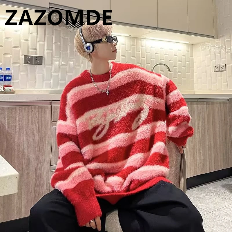 Top Trends: ZAZOMDE Winter Men Striped Knitted Jumper Sweaters Hip Hop Jacquard Knitwear Streetwear Harajuku Fashion Casual Pullover Clothes Shoppable Styles