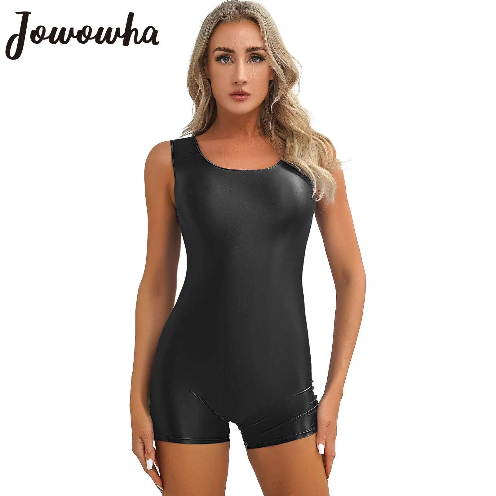 Top Trends: Womens Glossy Short Jumpsuit Solid Color Sleeveless Stretchy Bodysuit Yoga Dance Fitness Bodybuilding Workout Swimwear Clubwear Shoppable Styles