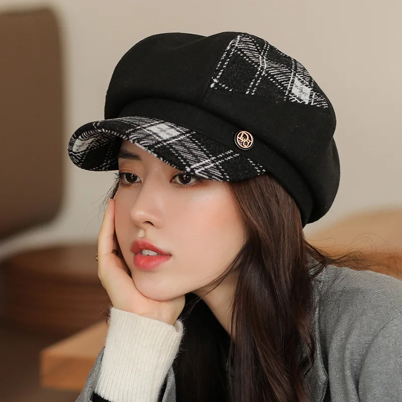 Top Trends: 2021 New Cap Visors For Women Woolen Plaid Vintage Spring Autumn Navy Caps Flat Top Classic Beret British Newsboy Octagonal Hat Shoppable Styles