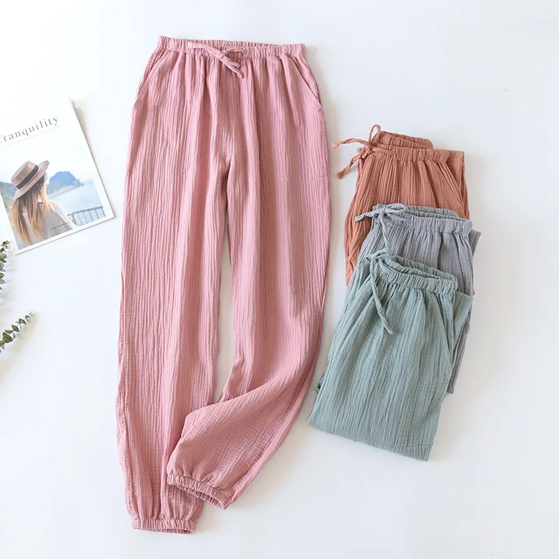 Top Trends: Japanese-style New Spring And Summer Women's Trousers 100% Cotton Crepe Cloth Large Size Color Tie Pants Casual Pants Home Pants Shoppable Styles