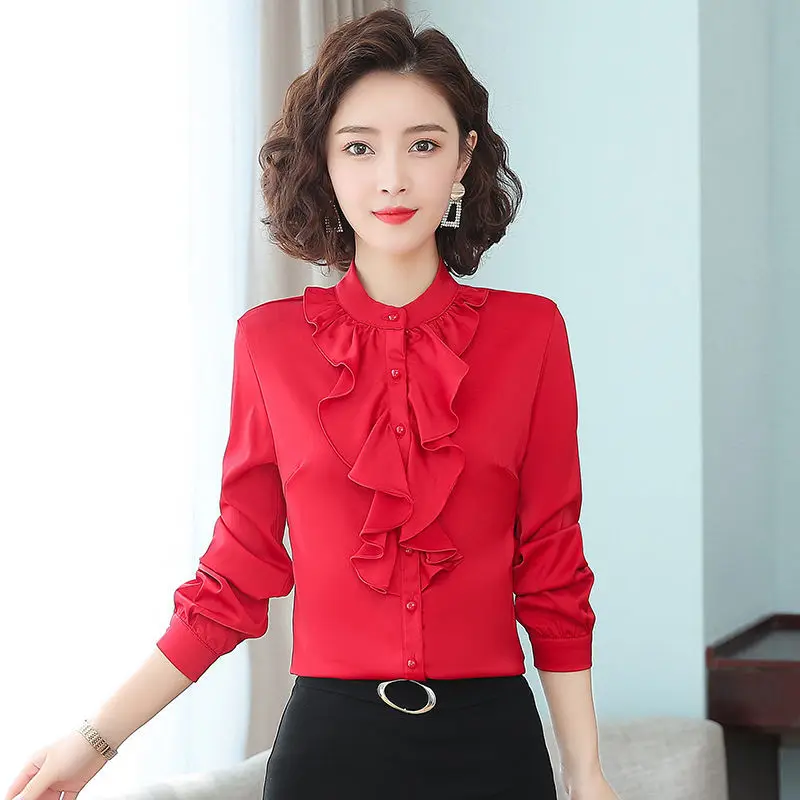 Top Trends: Korean Fashion Office Lady Chiffon Blouse Ruffles Long Sleeve Spring Autumn Loose Cardigan Solid White Women Elegant Shirt 2022 Shoppable Styles - Image 5