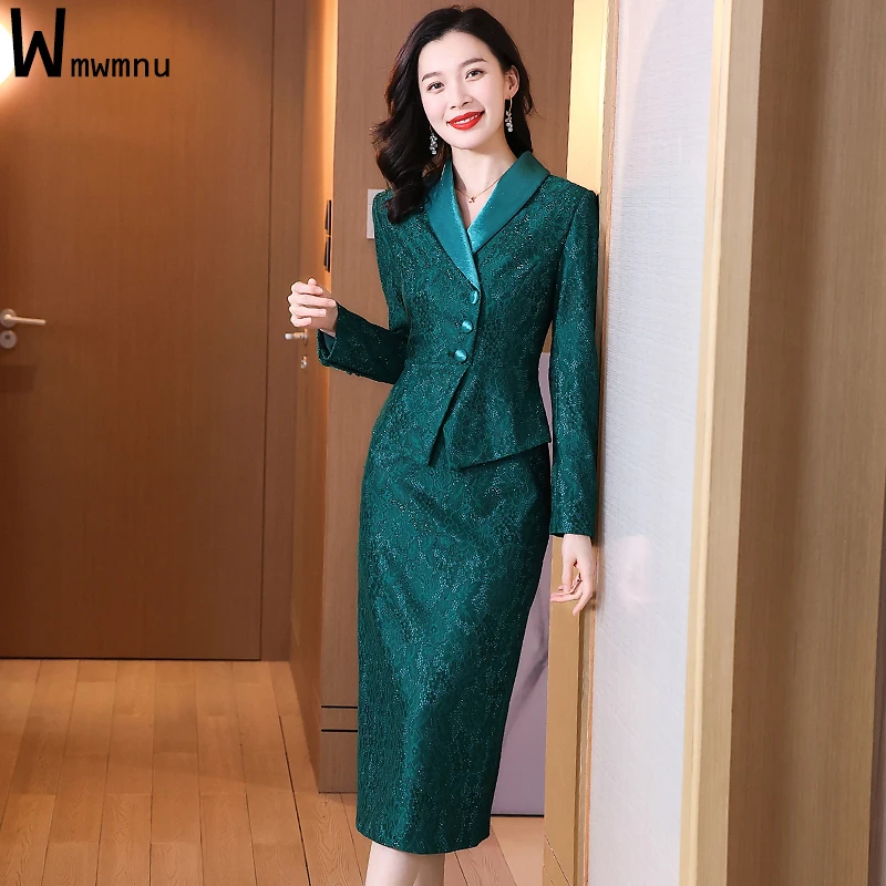 Top Trends: Office Ladies Slim Luxury Lace Blazer Outfits Formal Chic Elegant Long Sleeve Ruffle Suit Coat+ Mid-lenght Skirts OL 2 Piece Sets Shoppable Styles