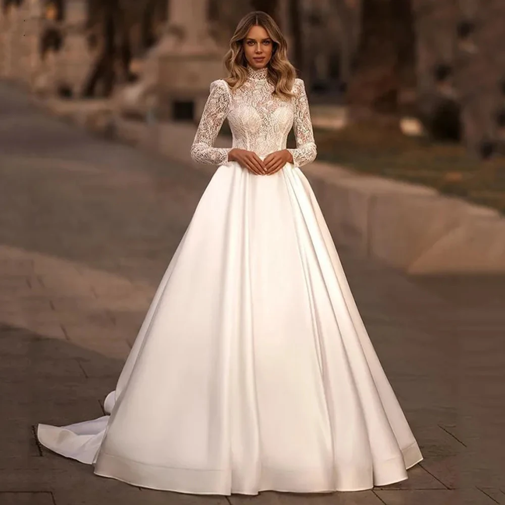 Top Trends: Luxury Illusion Wedding Dresses Simple Bride Dresses High Neck Long Sleeves Lace Appliques Elegant Wedding Gowns Long Train 2024 Shoppable Styles