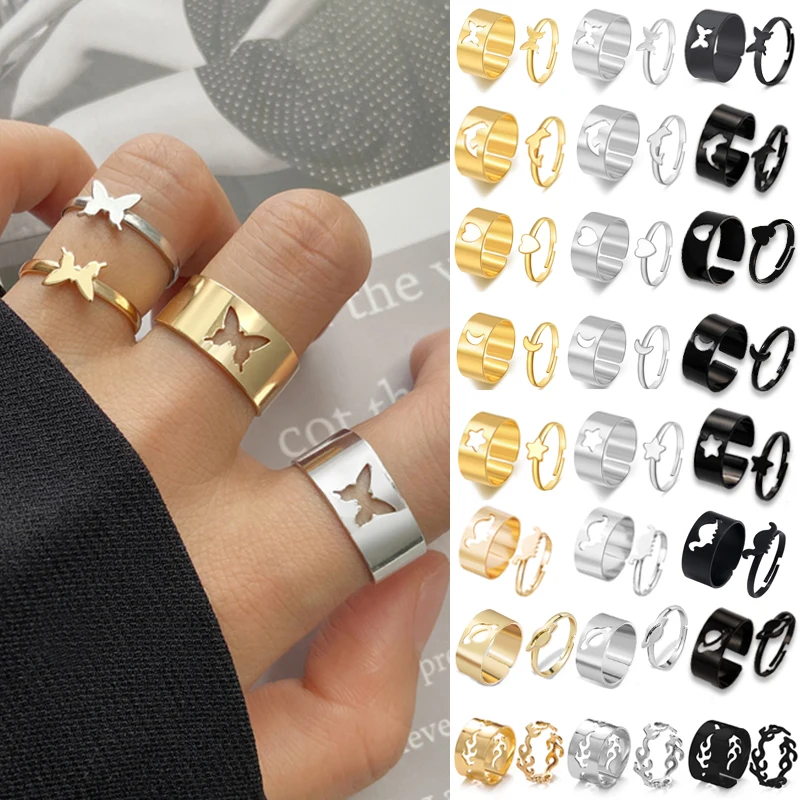 Top Trends: LATS Vintage Simple Animal Butterlfly Star Moon Heart Flame Open Rings For Women Girls Gothic Jewelry Punk Black Couple Ring Set Shoppable Styles