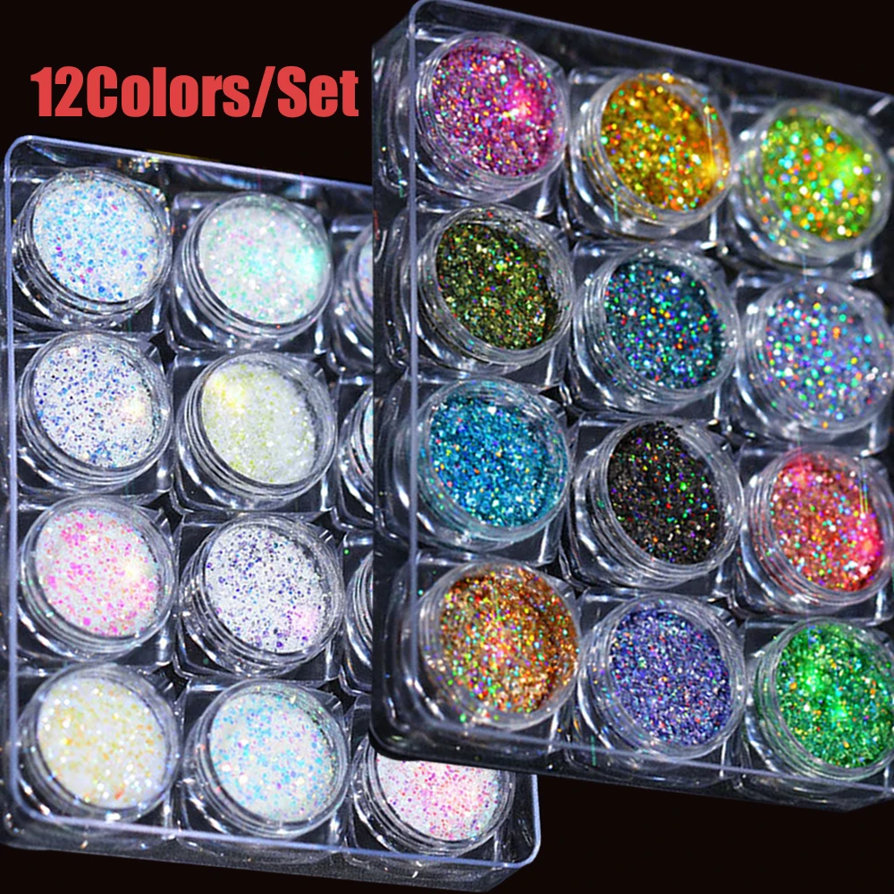 Top Trends: 12Jars / set Christmas Holographic Glitter Sequins Colourful Chunky Glitter Nail Art Sequins Mixed-Size Xmas Girl Manicure Glitter Shoppable Styles