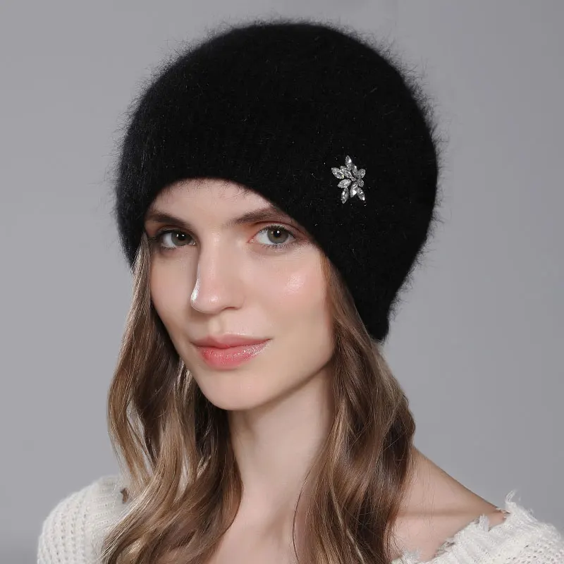 Top Trends: CNTANG Hat For Women Winter Warm Fashion With Diamond Flower Beanies Knitted Angora Long Rabbit Fur Hats Double Layer Ladies Cap Shoppable Styles